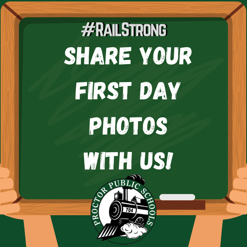 Green chalk board reading, #railstrong Share your first day photos with us! With Railstrong logo